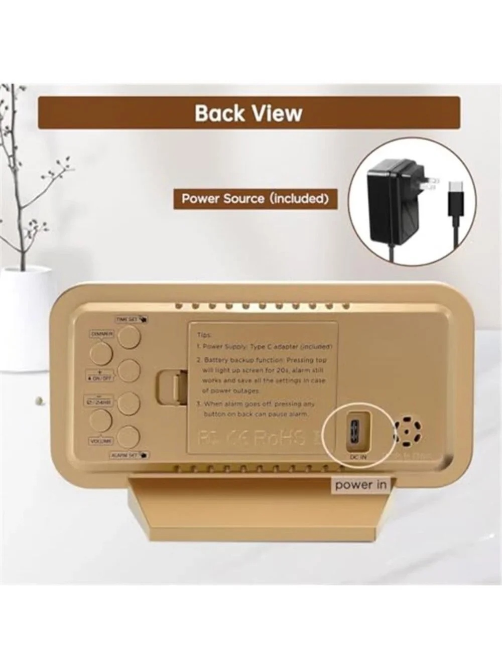Digital Alarm Clock Large LED Display Mirror Dimmer Heavy Sleeper Gold